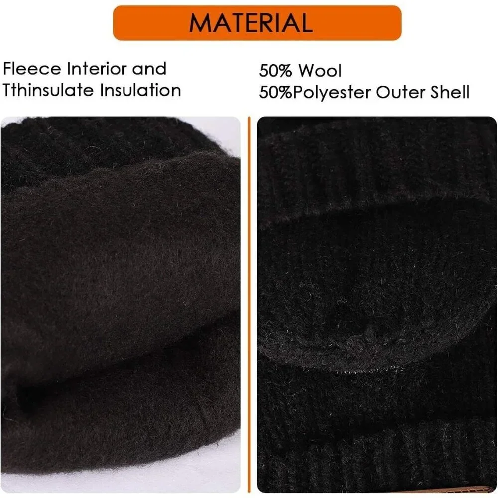 Women's Black Winter Warm Thermal Insulation Fingerless Texting Wool Gloves